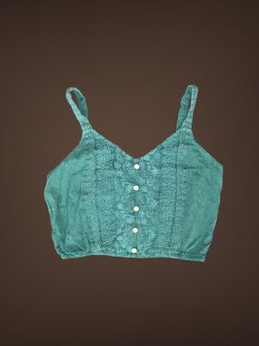 Women's American Eagle Green Crop Top, Button & Floral Embroidered Detail, XS